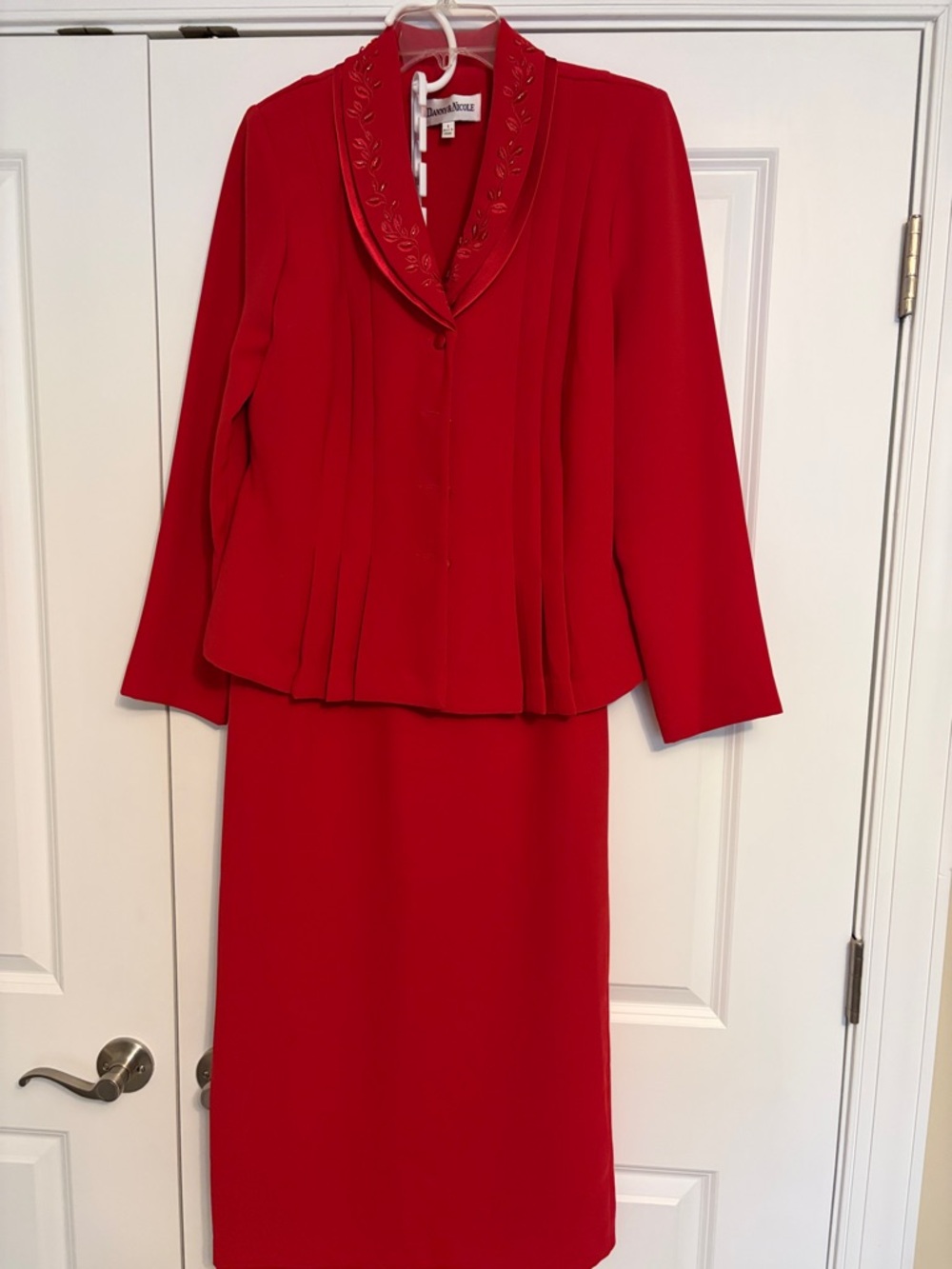 Danny & Nicole Bright Red Embroidered Collar Skirt Suit